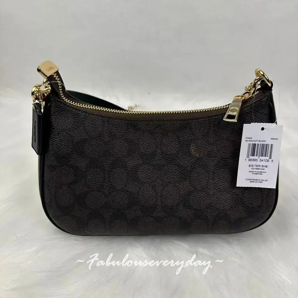 Coach Teri Shoulder/Crossbody Bag Signature Canvas/Gold/Walnut/Black CV933 NWT